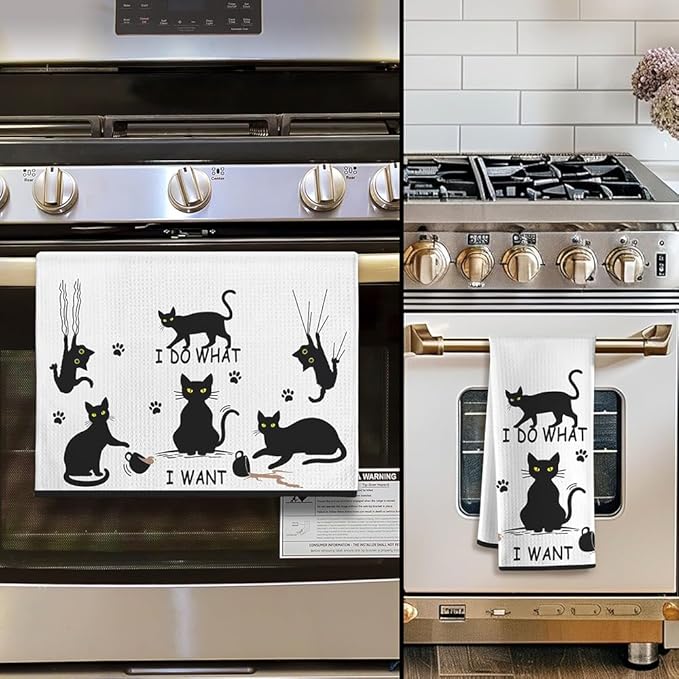 Cat Hand Towel, Black, Polyester, Farmhouse Style, Cat Pattern, Kitchen Decoration