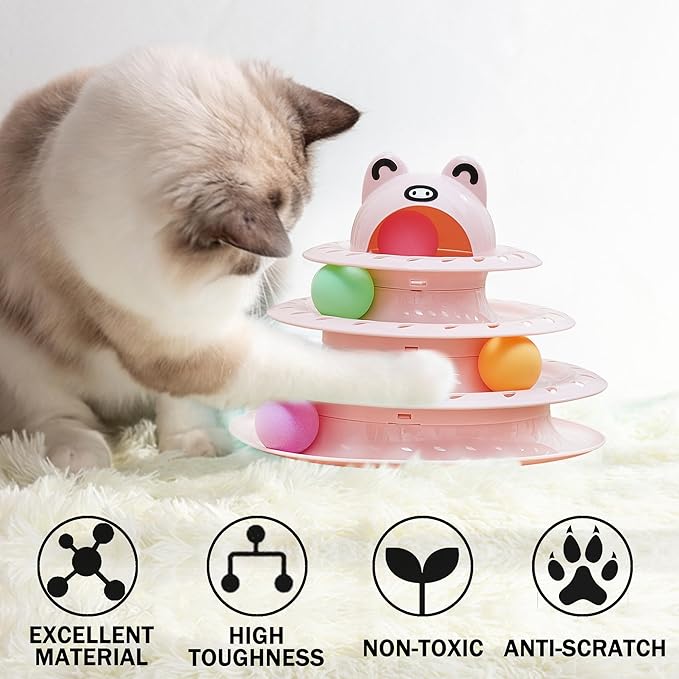 Suhaco Cat Toys Interactive for Indoor Cats Kitten Toy Fun Roller 4 Level Cat Teaser Ball Toys with 4 Colorful Balls Kitten Puzzle Toys for Boredom (Pink)