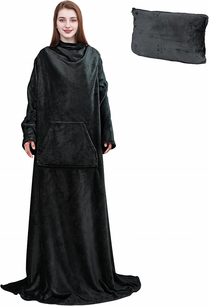 Solaris Travel Wearable Blanket with Sleeves, 2 in 1 Packable Airplane Pillow Blanket for Adult Women Men, Soft Cozy Warm Snuggy Body Blanket for Outdoor Indoor Home Lounge, Black