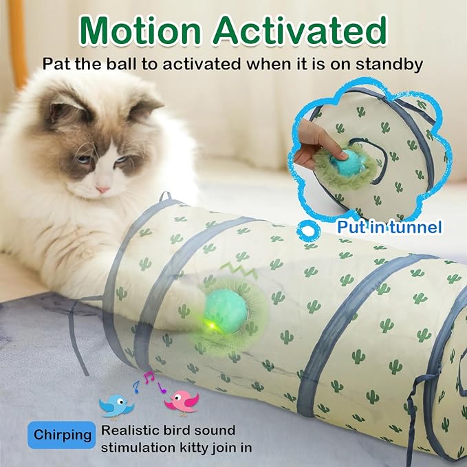 Interactive Cat Toys Ball for Indoor Cats Fast Rolling in Tunnel, Motion Activate Cat Toy with Chirping, Hide and Seek Mouse Catching Toy (Green)