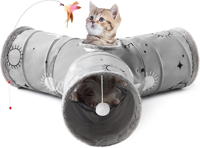 Tempcore Pet Cat Tunnel Tube Cat Toys 3 Way Collapsible, Cat Tunnels for Indoor Cats Fleece-Lined in for Warmth，Kitty Tunnel Bored Cat Pet Toys Peek Hole Toy Ball Cat, Puppy, Kitten, Rabbit Gray Sun