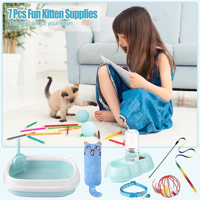 7 Pcs Small Cat Kitten Starter Kit Cat Litter Box with Shovel Cat Paw Litter Mat Double Automatic Cat Bowls Cat Toy Teaser Stick Cat Collar Essentials Kits for 1-3 Lbs Beginner (Fresh Blue,Stylish)