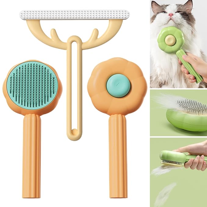 7.6in Pumpkin Pet Brush Cat, 2Pcs Creative Comfortable Self Cleaning Slicker Brush, Cat Brush for Shedding and Grooming Self Cleaning (Orange)