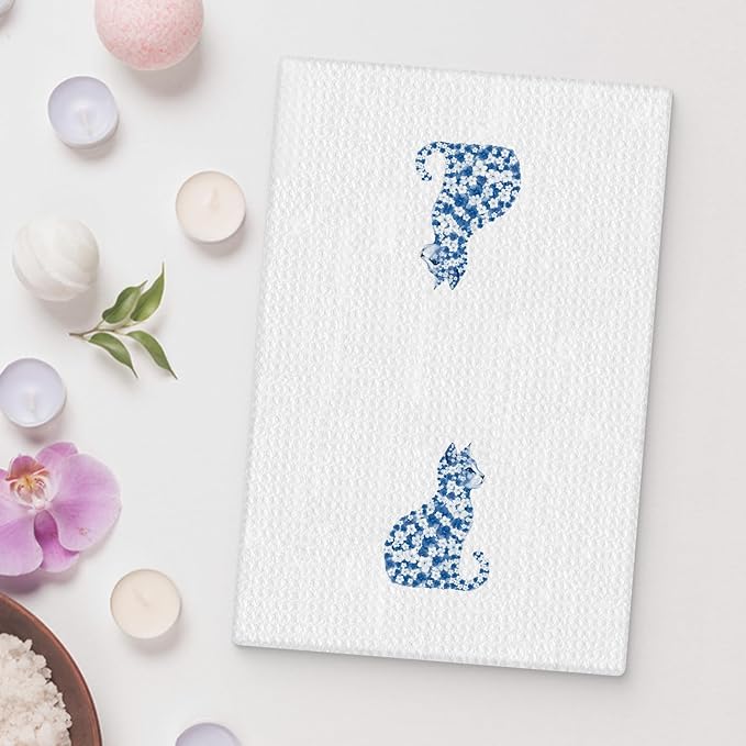 Blue Floral Cat Kitchen Towels, Cat Lovers Mom Lady Gifts Hand Towels for Bathroom, Kitty Kitten Dish Tea Towels for Kitchen Decor, 16x24 Inch