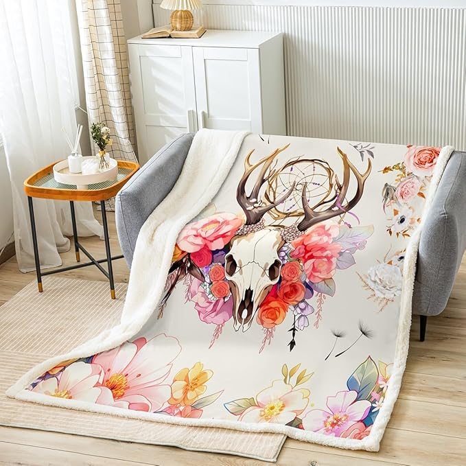 Deer Skull Fleece Throw Blanket for Girls Women Boho Dreamcatcher Floral Blanket Bohemian Dream Catcher Animal Skeleton Sherpa Blanket for Couch Sofa Bed Soft Arrow Fuzzy BlanketKing 87"x95"
