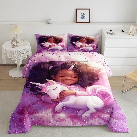 Black Cartoon Girl Comforter Set Full Size,Cute Unicorn Castle Princess Bedding Set,Girls Women Room Decor,Girls African Glitter Sequins Down Comforter,Purple Romantic Duvet Insert,2 Pillowcases