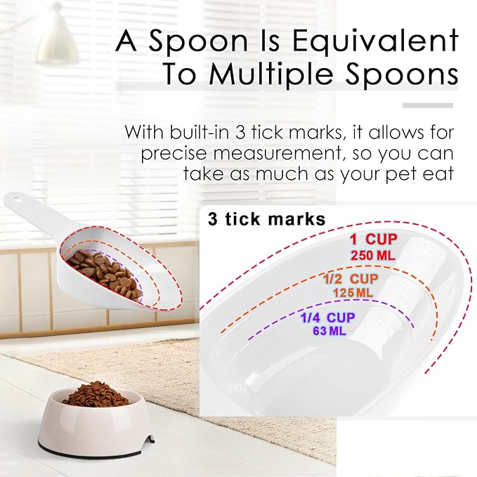 Dog Food Scoop-Melamine Pet Food Measuring Cup - 1 Cup 1/2 Cup 1/4 Cup Dog Cat Bird and Rabbit Food Feeding Scoop Dishwasher Safe - White