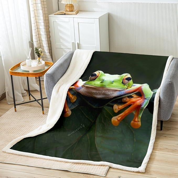 Frog Fleece Throw Blanket Javan Tree Frog Plush Blanket for Sofa Couch Bed Flying Frog Sherpa Blanket 3D Wild Animal Pattern Fuzzy Blanket Green Room Decor Queen 90x90 Inch