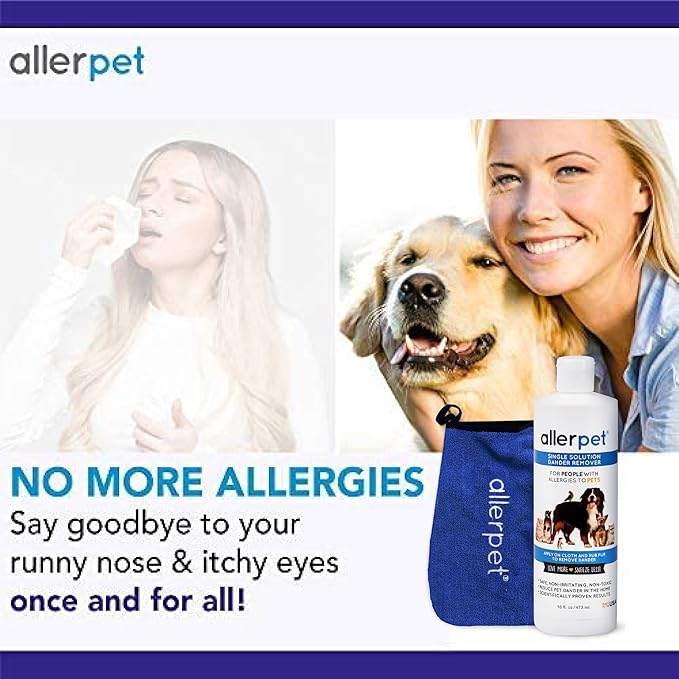 Allerpet Single Solution 16 fl oz Bottle Dander Remover for Pets - Relieves Allergies - Bonus Mitt to Easily Apply Solution to Your Pet