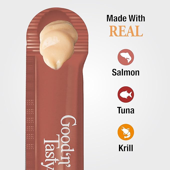 Good ‘n’ Tasty Savory Spoonables with Real Salmon, Tuna & Krill, 10 Count Tube, Triple Flavor Squeezable Lickable Wet Treats for Cats with Built-in Spoon for Less Mess