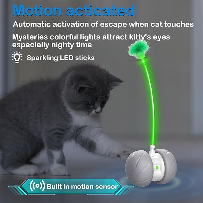 Interactive Cat Toys Fast Rolling Power Ball with Extra Long Feather Wand, Motion Activated Cat Toys