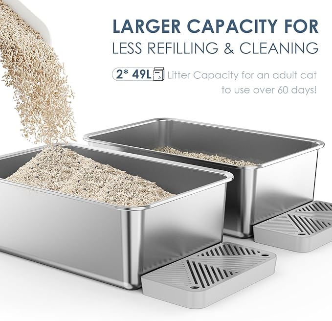 2 Pack 23.6"x 15.7"x 8" Extra Deep & Large Stainless Steel Litter Box for Big Cats, Non-Stick Odorless Metal Litter Box, XL Stainless Steel Pan with Footboard, Cat Litter Box Litter Tray