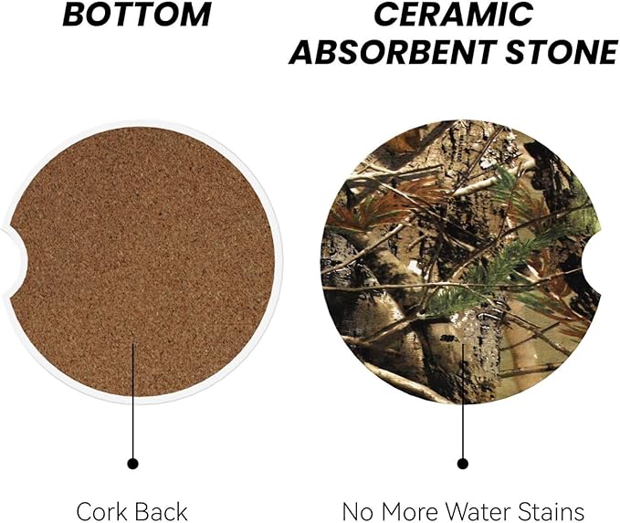 Absorbent Ceramic Car Coasters for Cup Holders, Camo Leaf Design 2.56" Anti Slip Universal Drink Cup Coasters for Women Men (2 Pack)