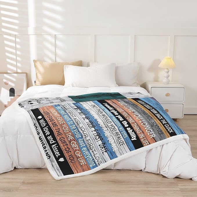 Feelyou Women Throw Blanket to My Wife Valentine's Day Sherpa Blanket for Bed Sofa Wife Couple Lover Fleece Blanket Breathable Chic Retro Wood Grain Style Warm Fuzzy Blanket Room Decor Twin 60"x80"