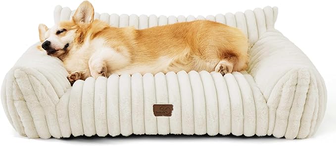 Bedsure Cute Dog Couch for Pets - Fluffy Dog Sofa with Premium Soft Corduroy Fleece, Dog Couch Bed with Removable Washable Cover, Supportive Dog Sofa Bed for Medium Large Dogs, 36inch, Cream