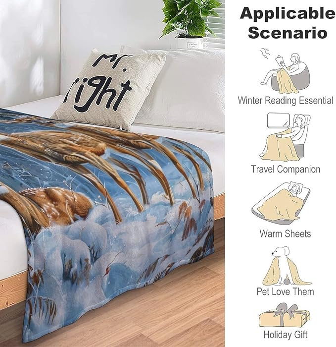 Deer Snow Winter Forest Print Blanket Wild Animal Country Nature Night Western Throw Blankets Gifts for Couch Sofa Bed Stuff Decor Soft Fleece Plush Warm Flannel Bedding for Lover Men Women 40"x50"