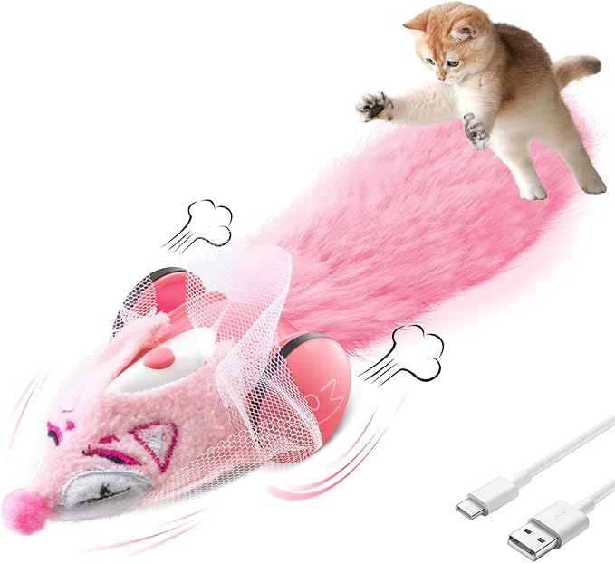 Migipaws Automatic Cat Toys, Plush Cat Mouse Toy, Interactive Toy for Indoor Cats, Smart Moving Kitten Toy, Rechargeable (Pink)