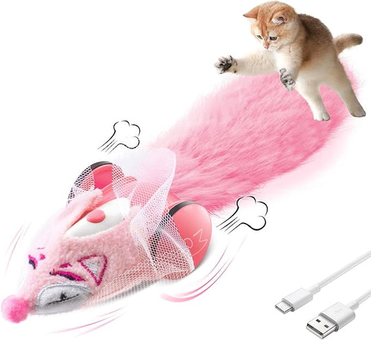 Migipaws Automatic Cat Toys, Plush Cat Mouse Toy, Interactive Toy for Indoor Cats, Smart Moving Kitten Toy, Rechargeable (Pink)