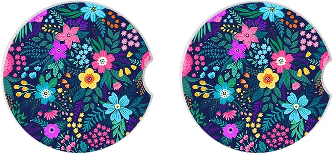 Blue Flowers Car Coasters for Drinks Absorbent,2 Pack Cup Holders,2.56" Ceramic Stone & Non-Scratch Cork Base Coasters,Auto Accessories for Women & Men.