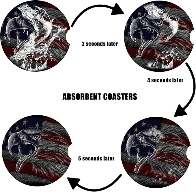 Car Cup Holder Coaster - American Flag Eagle Absorbent Ceramic Coaster, Car Coasters for Cup Holders, Auto Accessories for Women & Men, Pack of 2