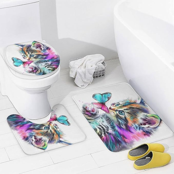 Brebasf Funny Cute Animal Cat Shower Curtain Set Bathroom Set Decorative Abstract Modern Art Watercolor Japanese Anime Cat Butterfly 4 Piece Shower Curtain, Toilet Cover, U-Mat, Floor Mat