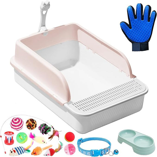 BNOSDM Sifting Litter Box Open Cat Litter Box with High Sides Detachable Kitten Toilet Semi-Enclosed Litter Tray Pan with 16 Piece Kitten Starter Kit for Small Cat Kitty, Pink