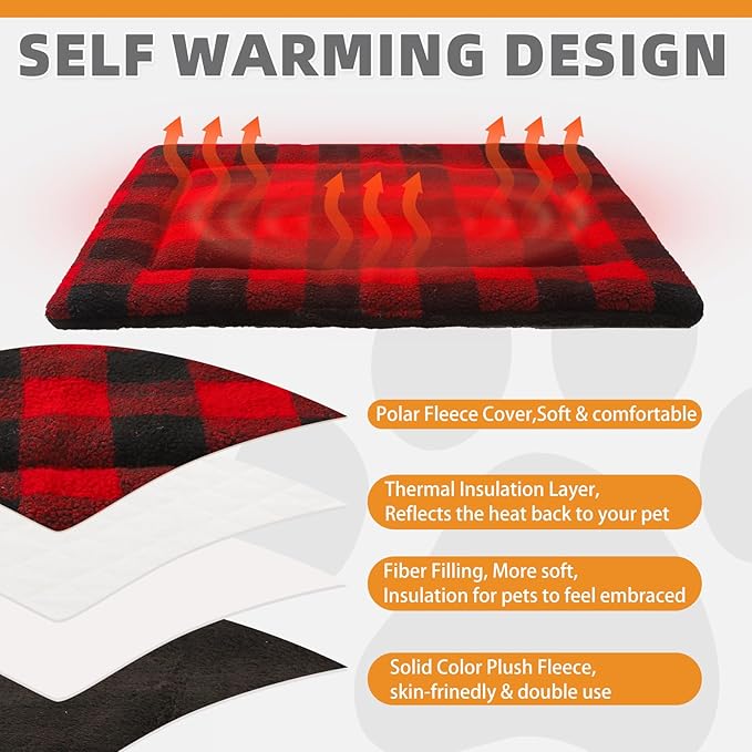 KOOLTAIL Double Used Self Warming Cat Bed Self Heating Cat Dog Mat 28*19inch, Soft Thermal Pet Pad for Indoor Outdoor, Washable Cat Bed Blanket for Large Kitten Puppy Small Animal, Buffalo Plaid Red