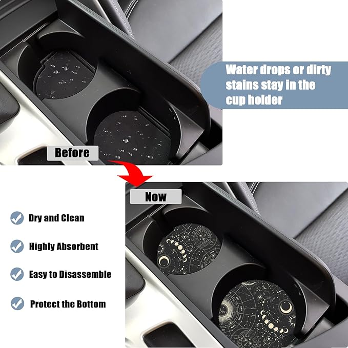 Car Cup Holder Coaster - Sun Moon Absorbent Ceramic Coaster, Car Coasters for Cup Holders, Auto Accessories for Women & Men, Pack of 2