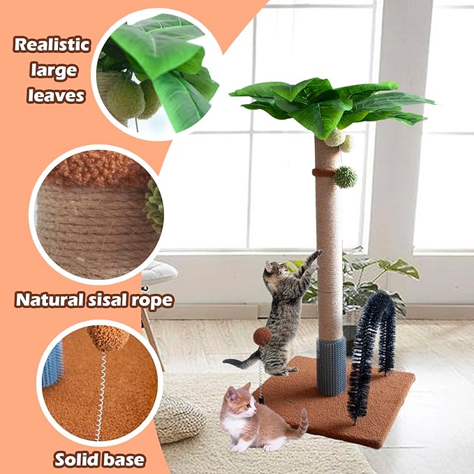 29.5" Tall Cat Scratching Post, Natural Sisal Scratching Posts with Self Groomer for Indoor Large Cats Kitten Scratch Posts with Hanging Ball and Spring Ball for Adult Cats Kittens Kitty(Coffee)