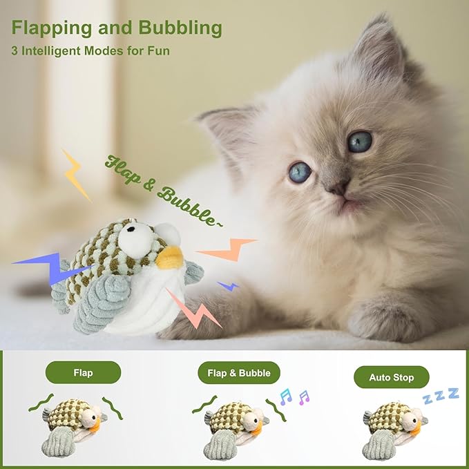 Interactive Flapping Bird Cat Toys, Rechargeable, Touch Activated, Catnip, Chirping Bird Toys for Indoor Cats and Kittens (Puffer Fish)