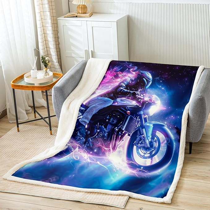 Extreme Sports Blanket Motorcycle Rider Printed Fleece Throw Blanket for Bed Couch Sofa Teens Modern Cool Motorbike Pattern Home Decor Sherpa Blanket Kids Boys Dirt Bike Plush BlanketQueen 90"x90"