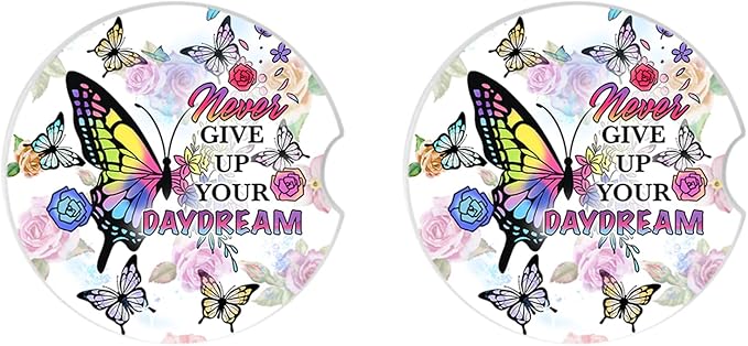 Car Coasters 2 Pack, Small 2.56" Ceramic Stone & Non-Scratch Cork Base Car Cupholder Absorbent Coaster Set for Women/Men Drink Cup Holder Coasters (Butterfl)