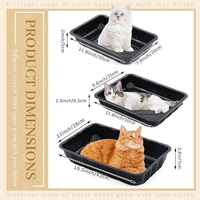 30 Pcs Disposable Litter Boxes for Growing Cat 3 Sizes Cat Litter Trays Plastic Kitten Litter Pan for Kitty Kittens Guinea Pig Pets Travel Home Toilet, Black