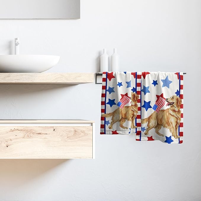 Giwawa Patriotic Dog Wood Hand Towels Set of 2 American Flag Kitchen Dish Towel 4th of July Absorbent Bath Face Towels for Home Hotel Bathroom