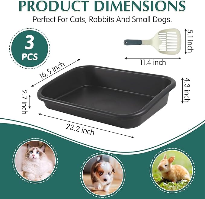 BNOSDM 3 Pcs Large Cat Litter Box Low Entry Litter Box for Senior Cat, Open Top Pet Litter Pan Tray with Scoops for Big Older Elderly Cats or Disabled Senior Cats, Easy to Clean (Dark Green)