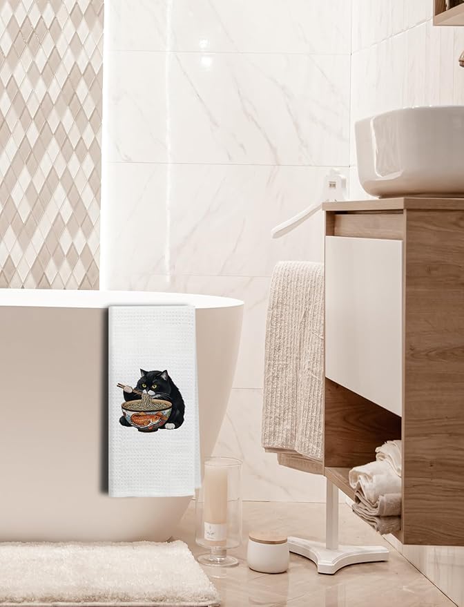 Black Cat Kitchen Hand Towels Bathroom Decor, Funny Japanese Noodle Cat Dish Towels Tea Towels for Kitchen,16x24 Inch