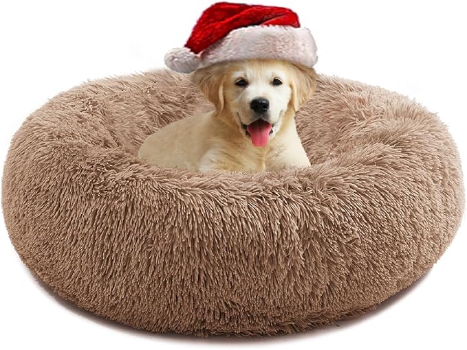 Small Cat Bed for Indoor Cats, Self-Warming Donut Kitty Bed for Small Cats Keeping Warm, Washable Pet Bed with Anti Slip Base, LightCoffee 23‘’