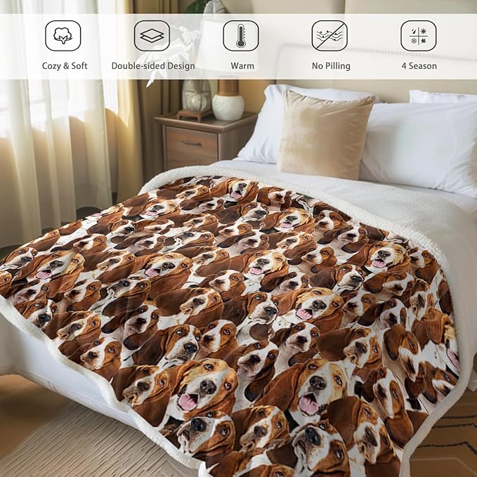 BlessLiving Basset Hound Blanket Fuzzy Micro Fleece Blanket Kids Puppy Blanket Bassett Hound Sherpa Plush Throw Blanket Twin Size Beds Bassett Hound Gifts for Adults Women (60''x80'')