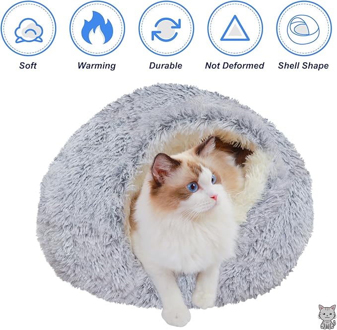 Cat Cave Beds for Indoor Cats, Round Fluffy Calming Cat Bed with Hooded Cover, Donut Calming Cozy Pet Bed for Anxiety Cats and Puppies - Dia 20"