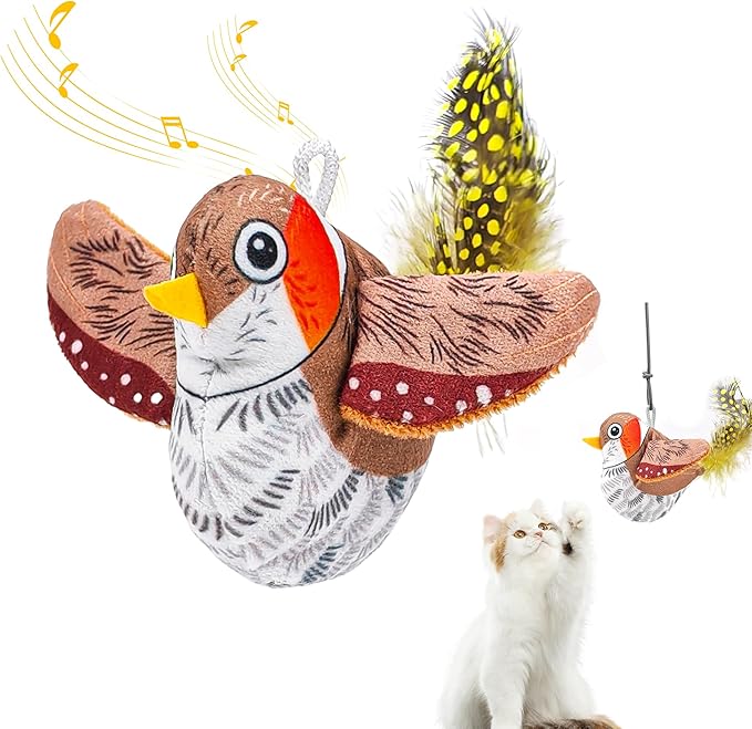 Chirping Bird Cat Toys Hanging Cat Feather Toy - Catnip Interactive Cat Toys for Indoor Cats - Automatic Cat Toy for Cat Exercise & Kicker to Self Play (Gray New)