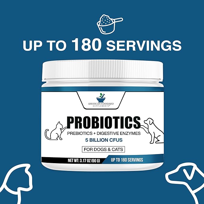 American Standard Supplements Probiotics for Dogs & Cats with Prebiotics & Digestive Enzymes, 5 Billion CFU, 9 Strains, 3.17oz (90g), 180 Servings - Dog & Cat Probiotics for Gut Health & Digestion