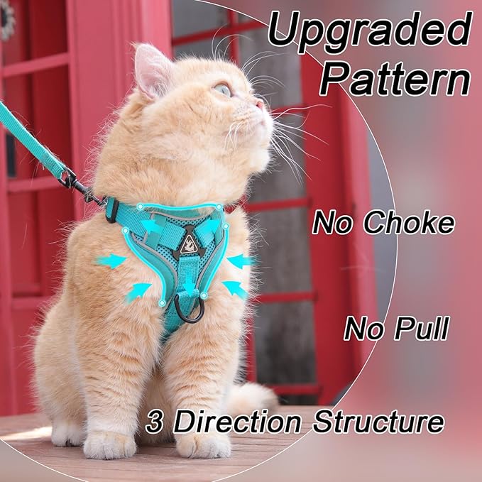 Cat Harness and Leash Set, Upgraded Escape Proof Adjustable Vest with Lead for Kitten Puppy Outdoor Walking, Soft Breathable Mesh Jacket with Reflective Strips for Dark Night (M, Emerald Green)