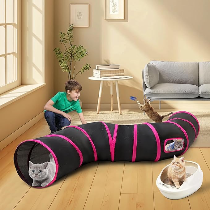 Cat Tunnels for Indoor Cats with Cube Tent Toys Combo, Pop Up Collapsible Crinkle Interactive Peek Hole, Cat Tube with Play Ball,Bell and Cat Spring Toys for Kitten, Puppy, Kitty, Rabbit - Set of 3