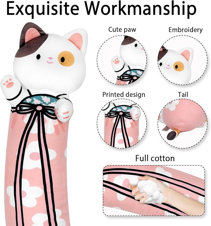 Long Cat Plush Pillow Cherry Blossom Cat Body Pillow Soft and Huggable Stuffed Animals Kawaii Plush Pillow for Girls Boys and Girlfriend, (Pink,33.5in/85cm)