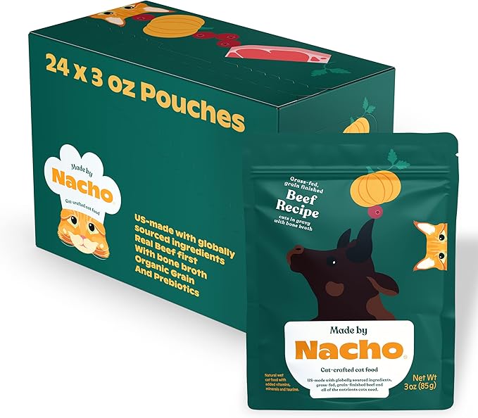 Made by Nacho Wet Cat Food, Cuts in Gravy, Limited Ingredients, Grass-Fed Grain Finished Beef Recipe with Bone Broth for Extra Hydration, (24) 3 oz. Pouches