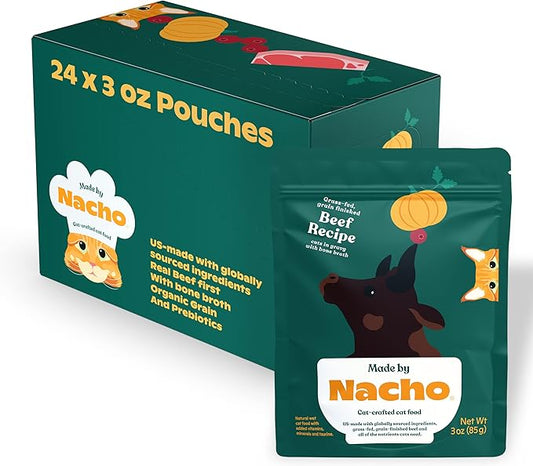 Made by Nacho Wet Cat Food, Cuts in Gravy, Limited Ingredients, Grass-Fed Grain Finished Beef Recipe with Bone Broth for Extra Hydration, (24) 3 oz. Pouches