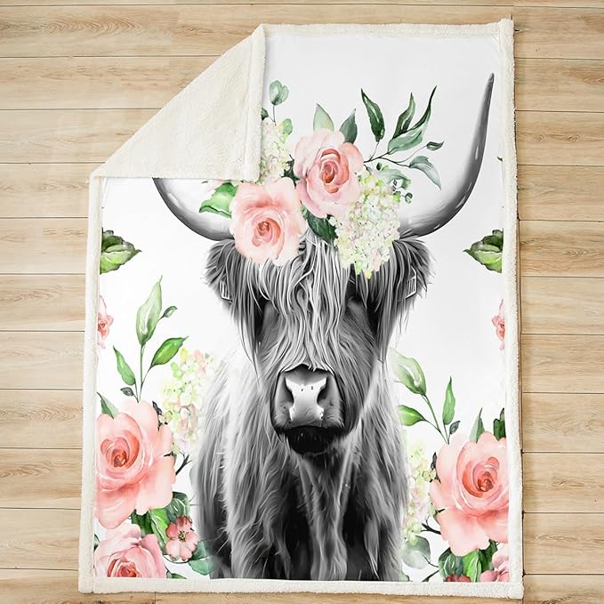 Highland Cow Fleece Throw Blanket Girls Women Rose Floral Bull Cattle Sherpa Blanket for Bed Couch Sofa Western Wildlife Animal Decor Plush Blanket Soft Farmhouse Fuzzy BlanketThrow 50"x60"