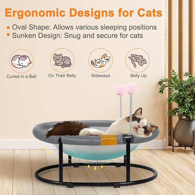 Cat Bed Elevated Cat Hammock for Indoor Outdoor Large Cats, Cat Dog Raised Pet Bed Stable & Breathable Easy Assembly, Small Outdoor Cat Bed for Sleeping Kittens Dog Oval Cat Hammock with Toy Ball,Grey