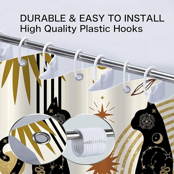 Boho Black Cat Shower Curtain, Cute Animal Mid Century Modern Moon Shower Curtains, Abstract Phase Fancy Geometric Aesthetic Leaf Fabric Shower Curtain Restroom Decor Accessories with Hooks 72X72