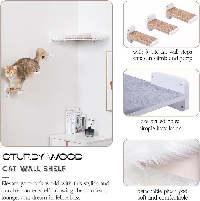 Cat Wall Shelves, Corner Cat Shelf with 3 Cat Wall Steps, Cat Shelves for Wall Large Cats Set, Cat Wall Bed with Plush Covered, Wall Mounted Cat Climbing Shelf for Indoor Cats (White)